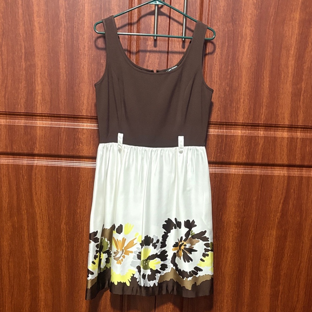 Ellen Tracy Brown Tank Dress with Cream and Yellow Floral Skirt